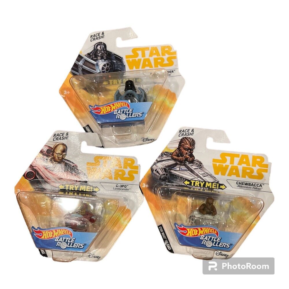 STAR WARS BATTLE ROLLERS HOT WHEELS Chewbacca C-3PO DARTH VADER Lot Of 3 Sealed